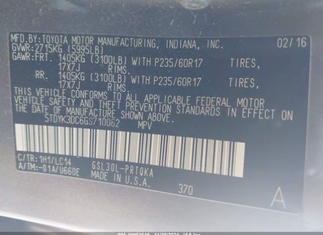 
								TOYOTA SIENNA 2016 XLE GRAY full									